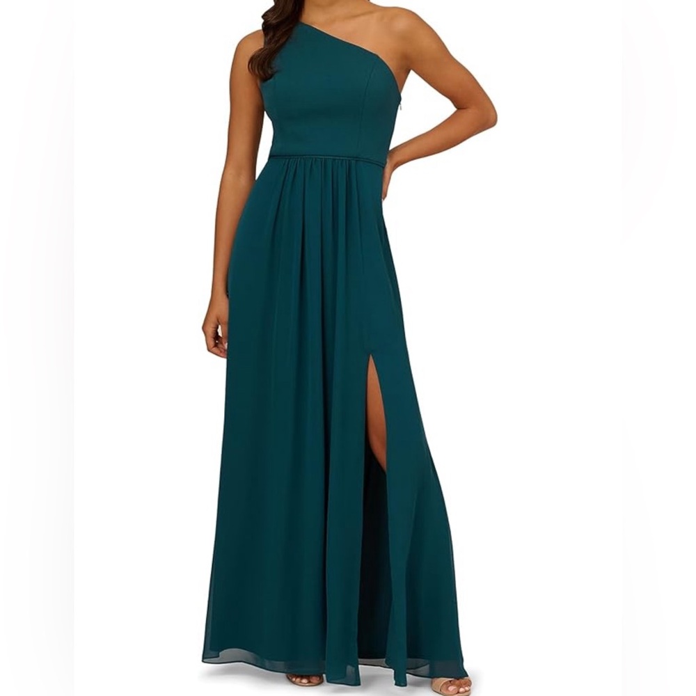 Adrianna Papell ONE-SHOULDER CHIFFON LONG GOWN in Hunter Size 6